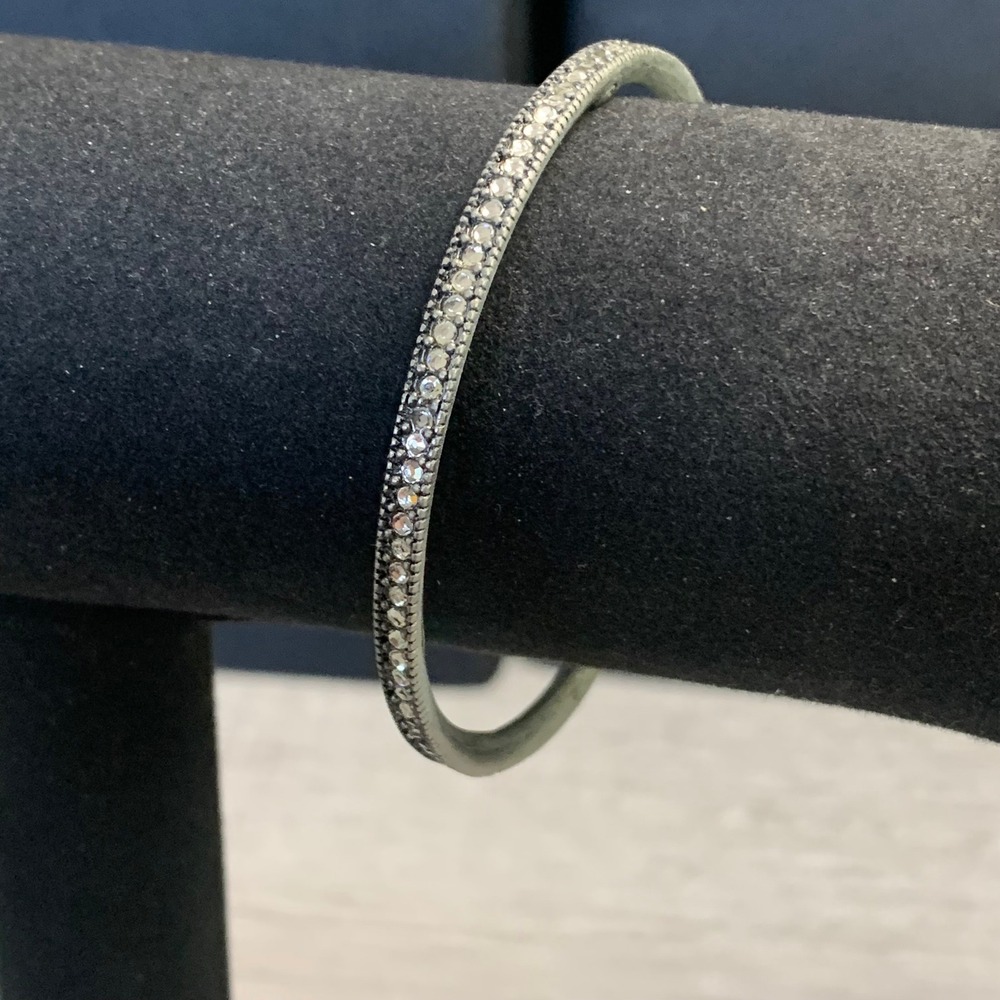 Vintage Silver Tone Crystal Pave Bangle Bracelet 7.5 Inch Milgrain Detail